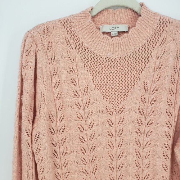 LOFT Pointelle Open Knit Pullover Sweater XL Scallop Trim Coquette Blush Pink - Picture 4 of 7